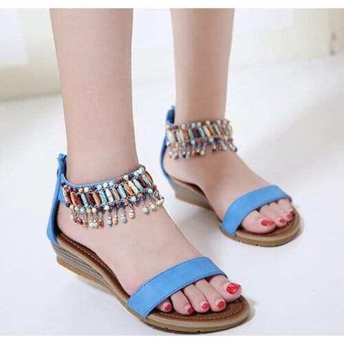 Casual shoes woman sandals 2021 new fashion ethnic style summer sandals women solid color bead wedge women sandals plus size
