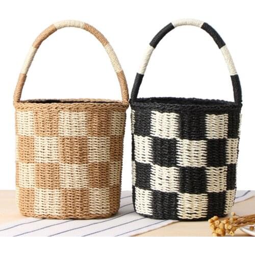 Travel Vintage Casual Basket Tote Women Trendy Handbag Fashion Female Summer Beach Straw Bags Lady Weave Drawstring Bag