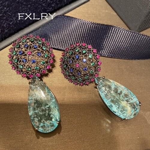 FXLRY elegant fashion blue broken cubic zirconia drop earring for women vintgage flower bridal wedding jewelry