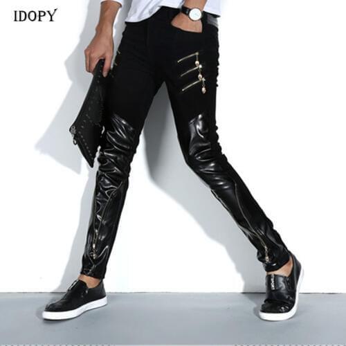 Idopy Fashion Mens Night Club DJ Pants Skinny Patchwork PU Leather Pants With Zippers Punk Style Black Trousers For Men