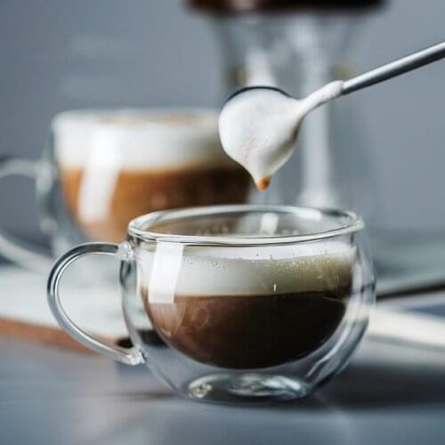 European-style Double Glass Coffee Mug Thickened Glass Ladies Office Flower Tea Cup Modern Breakfast Milk Cup with Handle Spoon