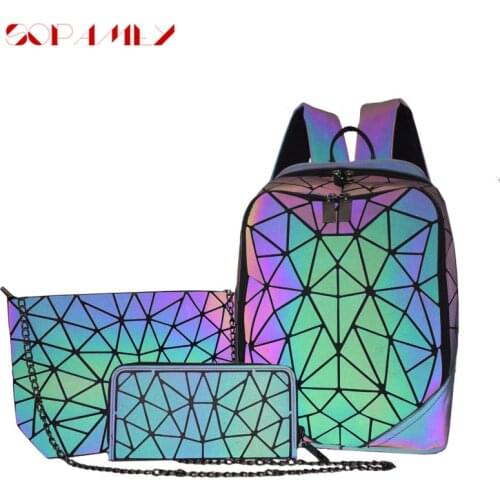 3Pcs Set Women Backpack School Luminous Geometric Backpacks For Teenage Girls Bagpack Female Holographic Backpack School Mochila