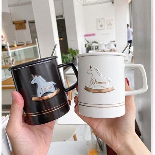 Creative Unicorn Mug Relief Ceramic Cup Covered Spoon Girls Home Water Cup Girls Mood Companion Cartoon Mug Halloween Gift