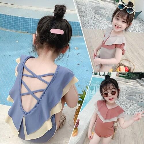 Girls' Swimsuit 2021 Summer New Sweet Playful Cross Back Strap Swimsuit Childrens Elastic Patchwork Color Swimsuit