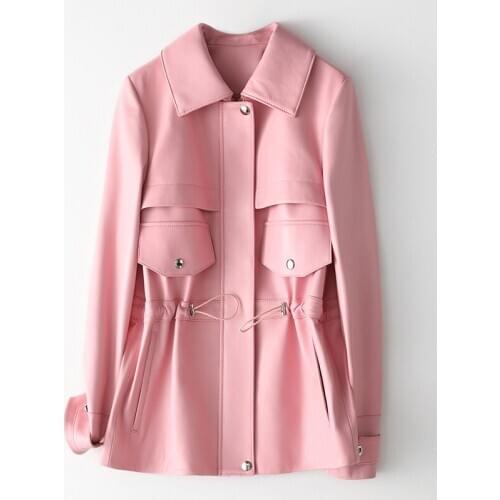 Fashion Sweet Genuine Leather Jacket Women Real Sheepskin Coat Female Pink Long Spring Autumn Womens Clothing 2021 New WPY2246