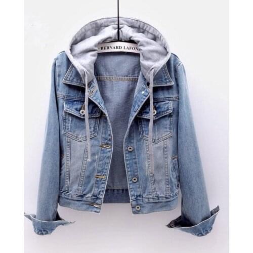 Spring Women Short Denim Jacket Hooded Casual Long Sleeve Plus Size Slim Jeans Coat Vintage Harajuku Outwear Ladies Clothes Q071