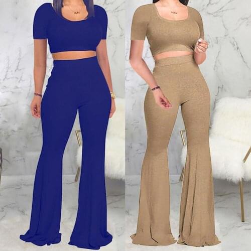 Summer Women crop top And Pants 2 piece set Short sleeve crop top wide leg pants for female women tops pants sets womens suits