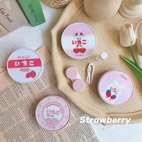Sweet strawberry contact lens case with mirror Japanese pink Cartoon contact lens case Cute Cartoon Eye contacts cas