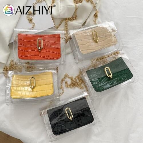 Fashion Women Alligator Pattern Transparent Solid Color Shoulder Crossbody Messenger Bag Ladies Chain Small Handbags Flap Purse