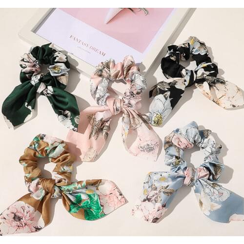 Fashion Print Bow Satin Girls Elastic Hair Bands Girls Solid Color Scrunchies Headband Ponytail Scarf Holder Hair Accessorie