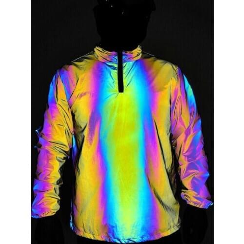 Rainbow Zipper Reflective Jacket Men Stand Collar Mens Jackets and Coats Raglan Sleeve Harajuku Hip Hop Night Run Windbreaker