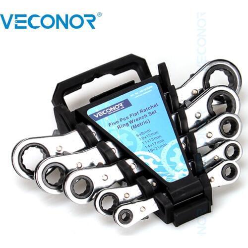 VECONOR Double Head Flat Ratchet Ring Wrench Set 5Pcs Metric 2-Way Fully Polish Reversible Durable Spanner