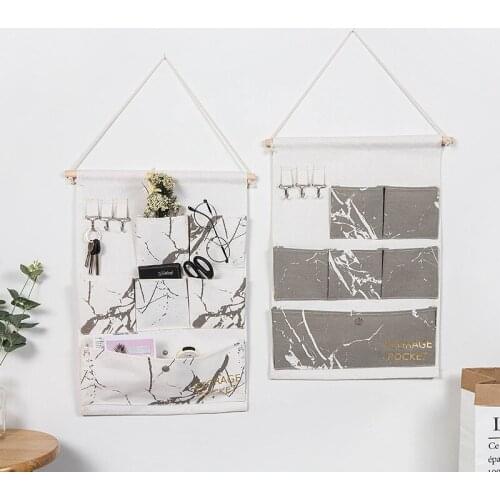 6 Pockets Wall Hanging Storage Bags Cotton Linen Door Organizer Waterproof Pouch Bedroom Home Wall Decoration Marble Pattern