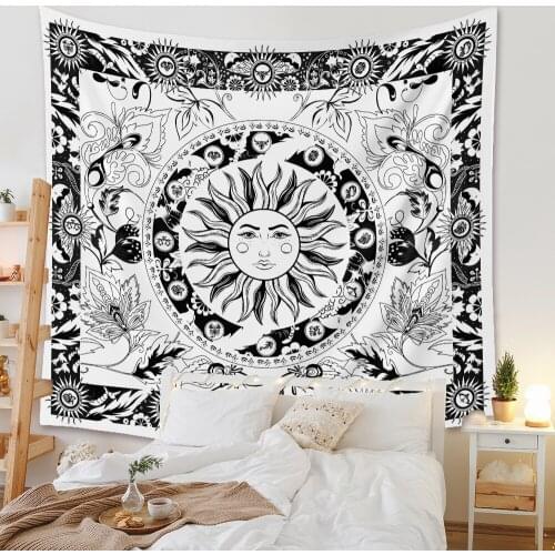 Wall Tapestry Room Decoration Picnic Blanket with Sun Black and White Background Pattern for Sofa Cover Witchcraft Drop Shipping