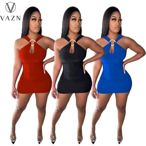 VAZN 2021 New Arrival Halter Off Shoulder Backless Sexy Club Open Little Chap Free Skinny High Waist Woman Mini Dress