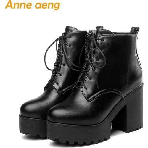 New Winter Ankle Boots Platform Shoes High Heel Square Toe Lace-Up Punk Sexy Ladies Women Shoes Black Martin Boots Big Size
