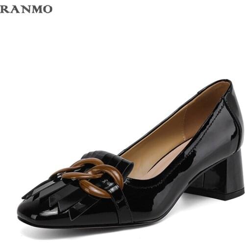 Genuine Leather Stiletto Medium High Heels Square Toe Pumps for Women Shoes Woman 2021 Newest Party Hoes Woman Heels for Women