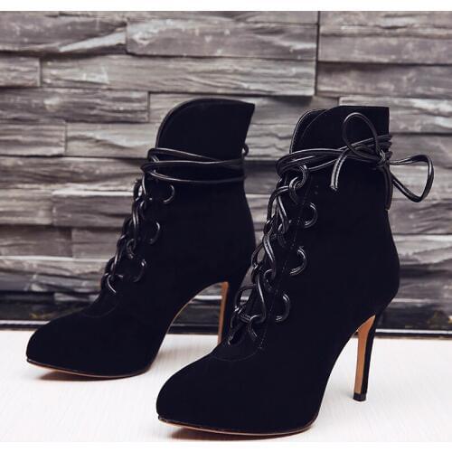 Autumn Winter Suede High-heeled Boots Sexy Cross Straps Pointed Toe Ankle Boots Women beautiful Martin Boots Dress