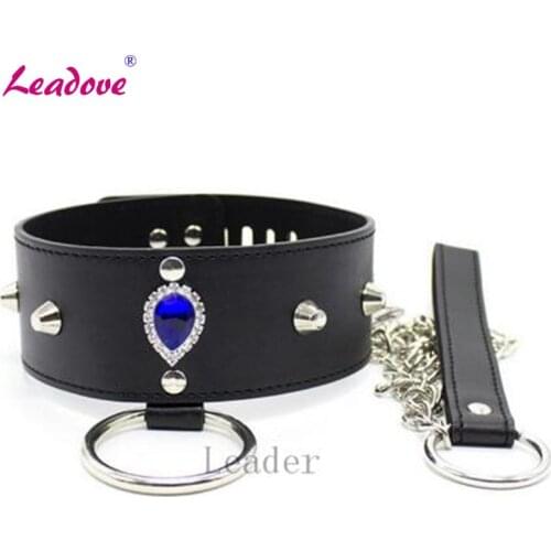 Black Leather Sex Bondage Fetish Sex Collar Blue Jewelry Neck Collar Leash BDSM Adult Game Sex Toys Slave Collar Toys XN0159