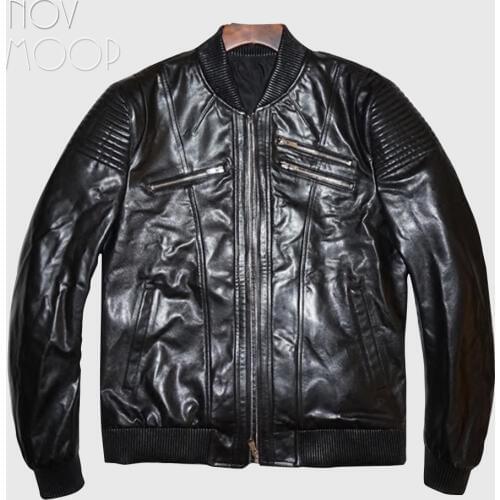 Novmoop casual black cow skin genuine leather men jacket calfskin baseball uniform with ribbed hem veste homme jaqueta LT2910
