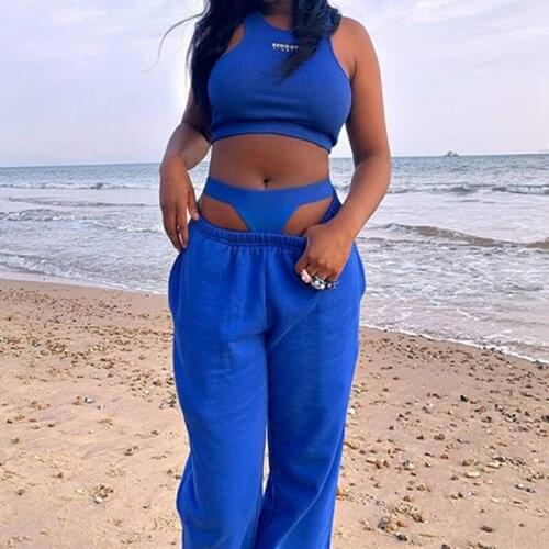 Super Chic Hollow Waist Blue 2-piece Sets Women Streetwear Mini Tank Tops+Sweatpants Tracksuits 2021 Summer New lady Pants Suits