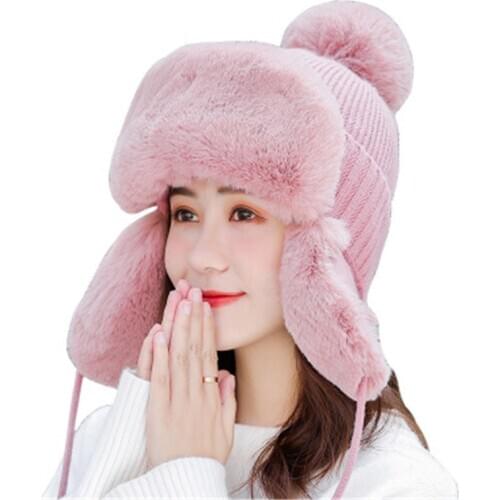 Women Ushanka Hat Cotton Knitting Plush Caps for men girls Solid Soft Warm Winter Earflap Windproof Children Cap