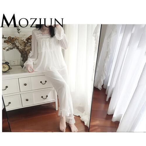 Woman Pajama Set Suit Sexy Lace Night Wear Loungewear Long Sleeve Woman Night Sleepwear Vintage Home Clothing Mozjun #MZ107