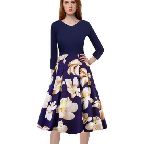 Womens Asymmetric Hem V-neck Vintage Polka Dot Contrast 3/4 Sleeves Work Casual Party Fit and Flare A-line Dress vestido