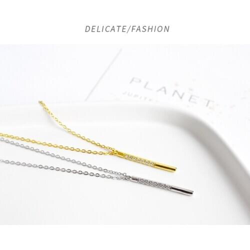 New Arrival Real 925 Sterling Silver Cubic Zircon Bar Pendant Necklaces For Women Statement Korean Stick Chain Necklace Gifts