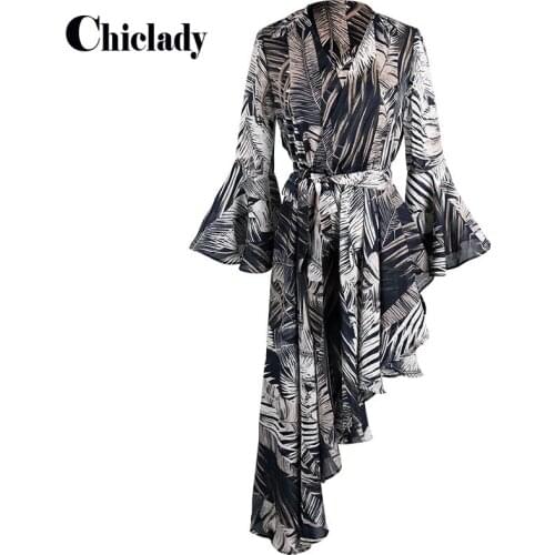 CHICLADY sexy summer beach midi asymmetrical floral kleid printed dresses for women casual v-neck flare sleeve sashes vestidos