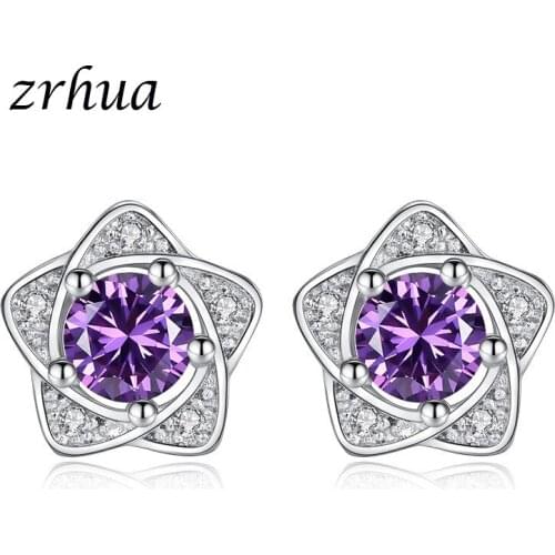 ZRHUA Hot Sale AAA Zircon Silver Color Stud Earrings Flower Jewelry for Women Girls Shiny Austrian Crystal Earrings Gift