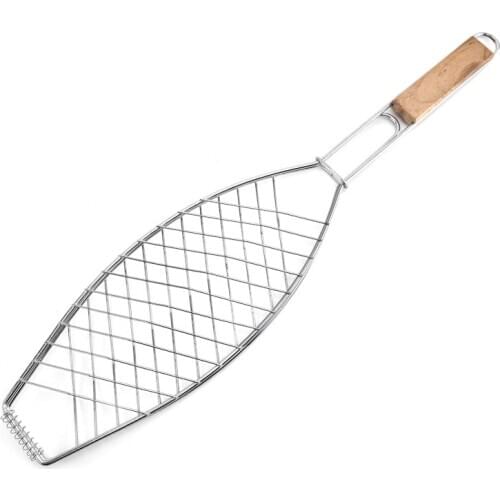 1Pcs BBQ Tools Grills New Stainless Steel Non-stick Mesh Wood Handle Grilled Fish Vegetable Barbecue Clip Net Outdoor Burgers