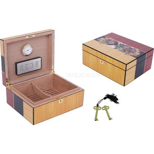 1PC Vintage Beautiful Pattern Wood (1-50pcs) Cigar Storage Box Case Cigar Humidor Wooden Tray Hygrometer Humidifier Brown Color