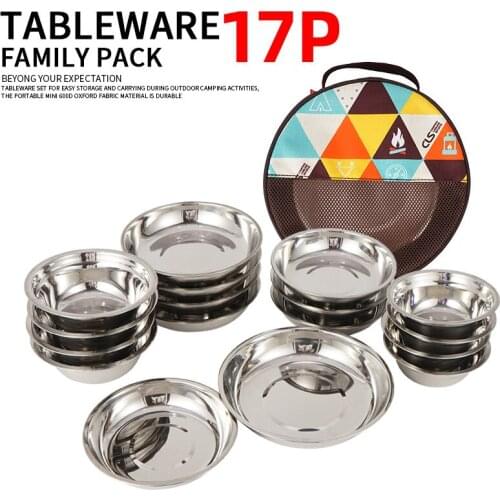 17Pcs/Set Portable Stainless Steel Outdoor Camping Tableware Barbecue Picnic Plate Bowl Dinnerware #0323