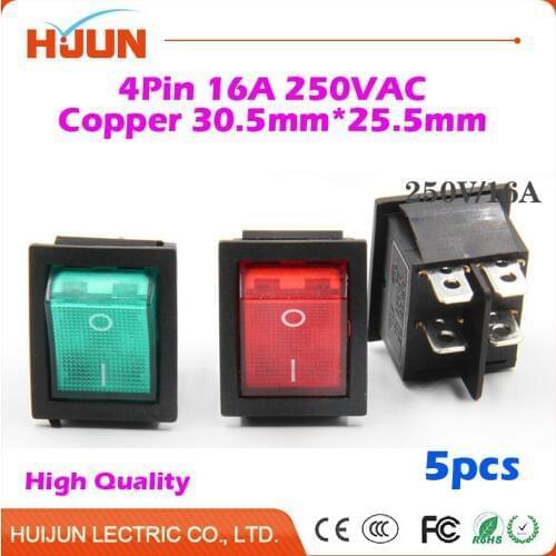 5pcs 30.5*25.5mm 4Pin On-Off-On Copper Boat Rocker Switch 16A 250VAC Red Green Light Car Dash Dashboard Truck RV ATV Home