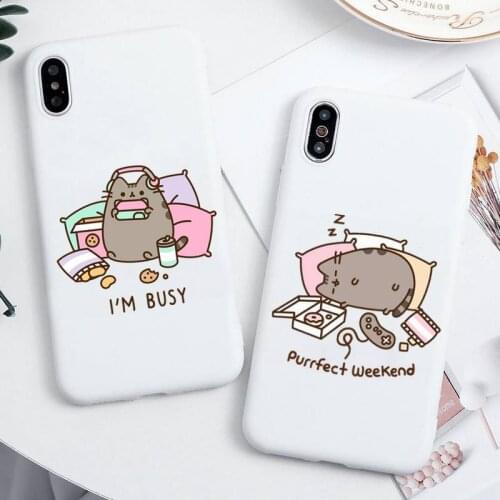 Cute Cartoon Cat Pusheens Phone Case For iphone 12 11 Pro Max Mini XS 8 7 6 6S Plus X SE 2020 XR Candy white Silicone cover
