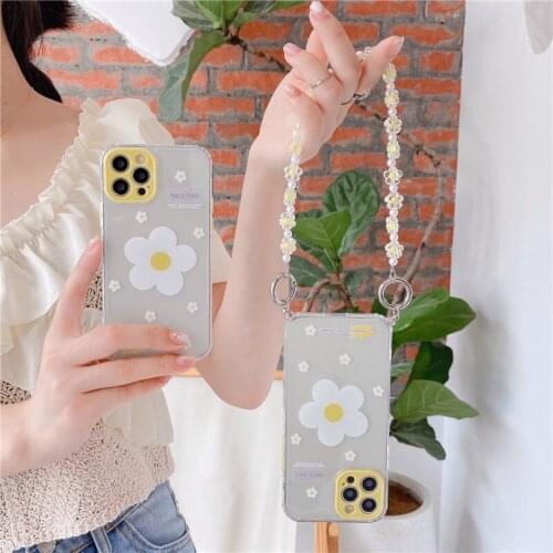 Cute Daisy Flowers Bracelet Strap Clear Phone Case For iPhone X XR XS 11 12 Pro Max SE20 7 8Plus Fashion Chain Soft Cover Fundas