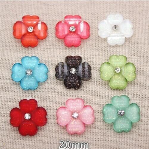 20pcs Shiny Resin Flower Clover with Clear Rhinestone Flatback Cabochon DIY Craft,20mm