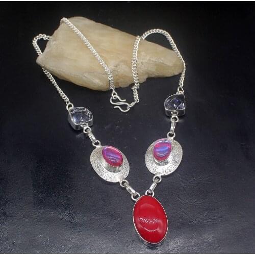 Gemstonefactory Jewelry Big Promotion 925 Silver Colorful Topaz Red Coral Amethyst Ladies Women Chain Necklace 46cm 20213499