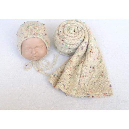 Vintage Newborn Knit Stretch Wrap Bonnet Set Crochet Beige Baby Fabric Blanket Photography Prop Newborn Bonnet Prop