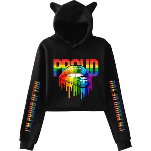 LGBT Pride Kawaii Crop Top Hoodie Love Wins Lesbians Gays Bisexuals Funny Cat Ear Cropped Short Sweatshirt Hooded Pullover Tops