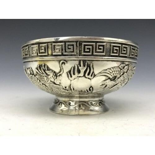 Coleccionables raros chinos antiguo trabajo hecho a mano Tíbet-tazón de plata artesanía de metal