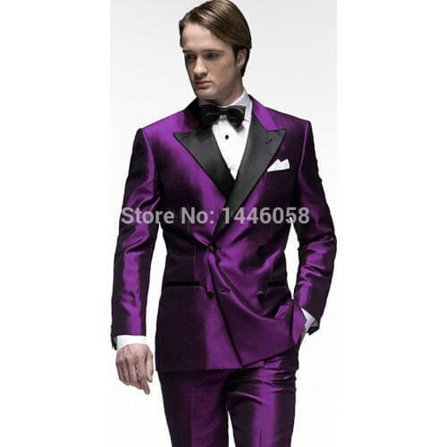 2018 Best Selling Peak Lapel Double Breasted Men Wedding Suits Purple Groom Tuxedos For Men Prom Suits Groomsman Jacket+Pant+Tie