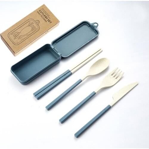 4pc Wheat Straw Cutlery Set Portable Removable Children Dinnerware Box Knife Fork Spoon Chopsticks Student Dinner Tableware Sets