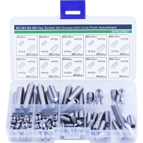 Hex Socket Set Screws with Cone Piont Assortment Kit,Stainless Steel,200 pieces