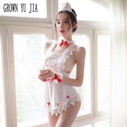 New Erotic Cosplay Costume Nurse Uniform White Temptation Porno Apron Lace Sexy Role Play Binding Lingerie Sexy Dress for Sex