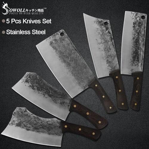 Sowoll Handmade Forged Butcher Slaughter Knife Comfortable Wood Handle Hammer Blade Survival Chef Knife Camping Hiking Tools