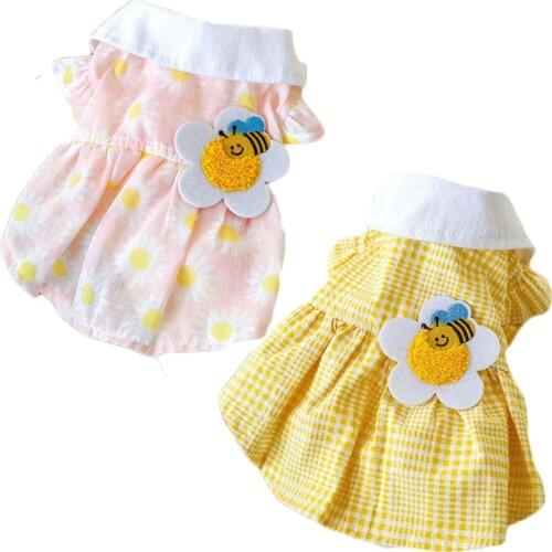 Bee Pattern Summer Dog Clothing Puppy Cat Dresses For Yorkie Terrier Cute Daisy Plaid Pet Clothes For Cat Skirt Princess Dress L