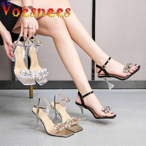 Voesnees Sexy Transparent PVC One Word Band Shining Diamond Decorate Sandals 9CM Pure Colour Buckle Strap High Heel Women Shoes