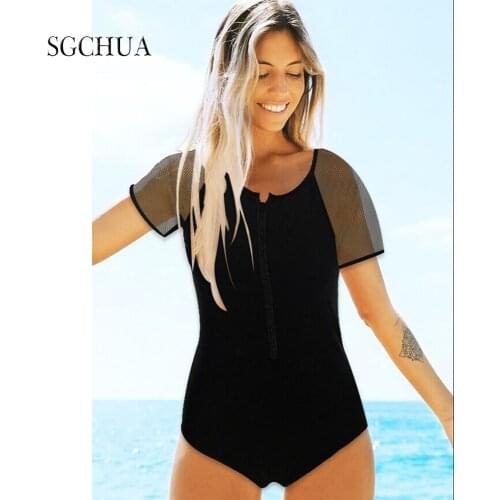 Sexy Zipper One Piece Swimsuit Solid Black Mesh Bathing Suit With Sleeve Bikini Tummy Control Monkini Famale Beachwear 2021